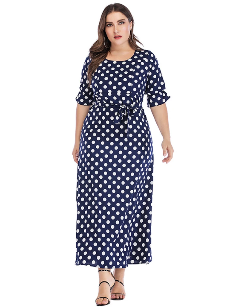 

Plus Size Polka Dot Print Dress O Neck Short Sleeve Waist Belt Ankle Length African Elegant Casual Robes Femmes Summer 2022 New