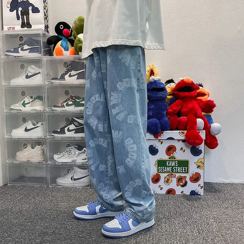 High Street  Man Denim Pants Trousers  Retro Y2k Straight Jean Streetwear Loose Mopping Pants Loose Design Fashion Casual Pant