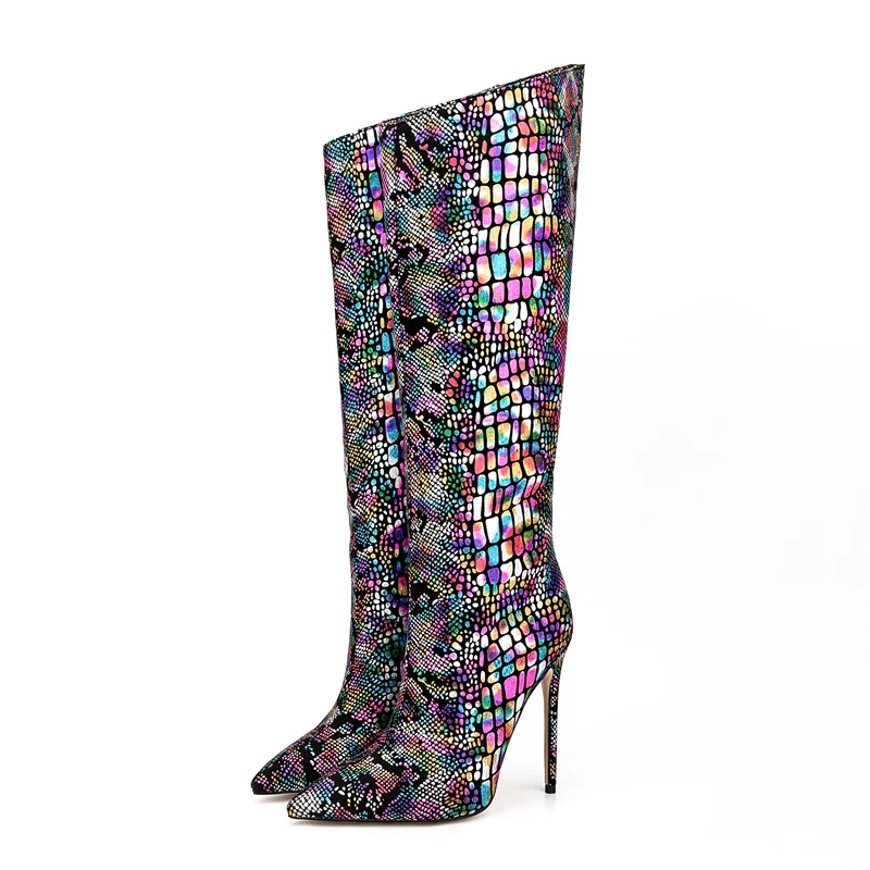 2023 European and American Style Silver High Heeled Women's Boots Thin Heeled Pointed Toe with Zipper Knee High Leather Boots