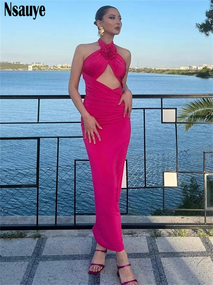 

Женское длинное платье с лямкой на шее, без рукавов