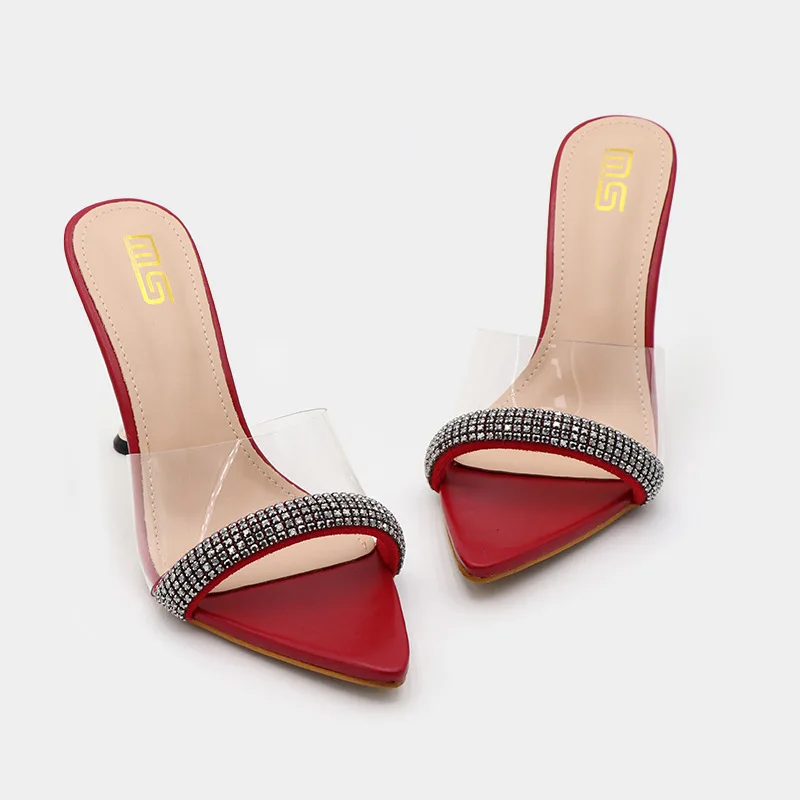 

Модные женские тапочки из ПВХ на тонком высоком каблуке 9 см с острым носком без застежек в уличном стиле британский стиль стразы обувь для женщин Черная