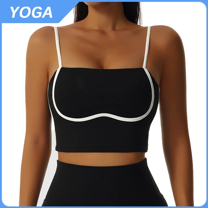 

Nylon Panel Contrast Yoga Bra Tight Running Sports Bra Quick Dry Solid Fitness Top for Women