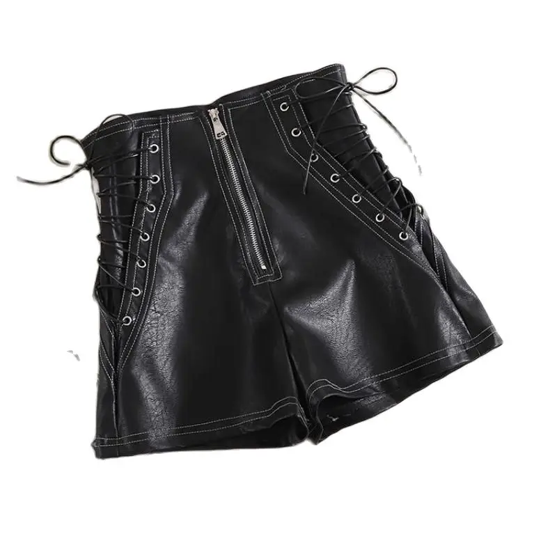 

2022 New Women Sexy Black Zipper Bandage Pu Leather High Waist A-shaped Booty Shorts Ladies Shorts