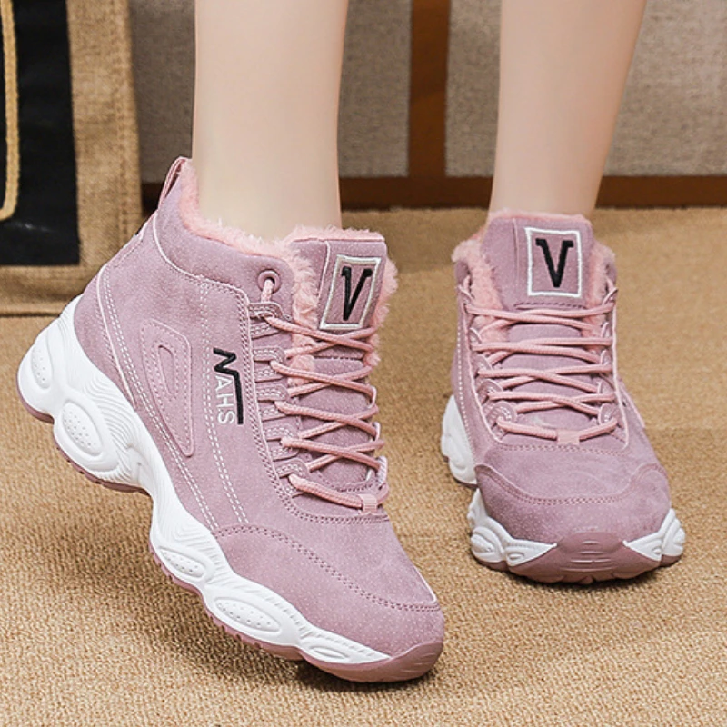 

Winter Warm Platform Boots Lace Up Fashion Leisure Women Shoes Plush Comfy Increase Wedges High Top Sneakers Botas Femininas