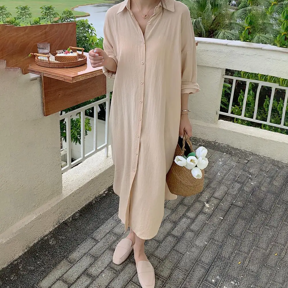 

Office Dress Chic Buttons Placket Long Sleeve Long Sleeve Solid Color Shirt Dress Female Clothing Summer Dress Midi Dress