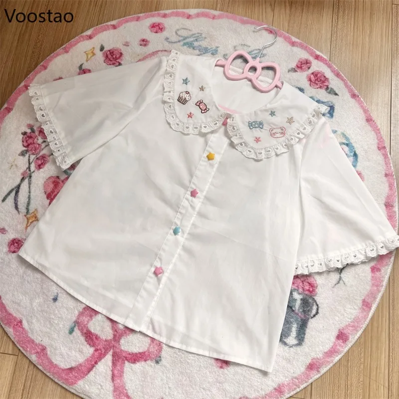 

Japanese Kawaii White Lolita Blouses Women Sweet Bear Candy Embroidery Peter Pan Collar Shirt Girly Preppy Style Cute Clothes