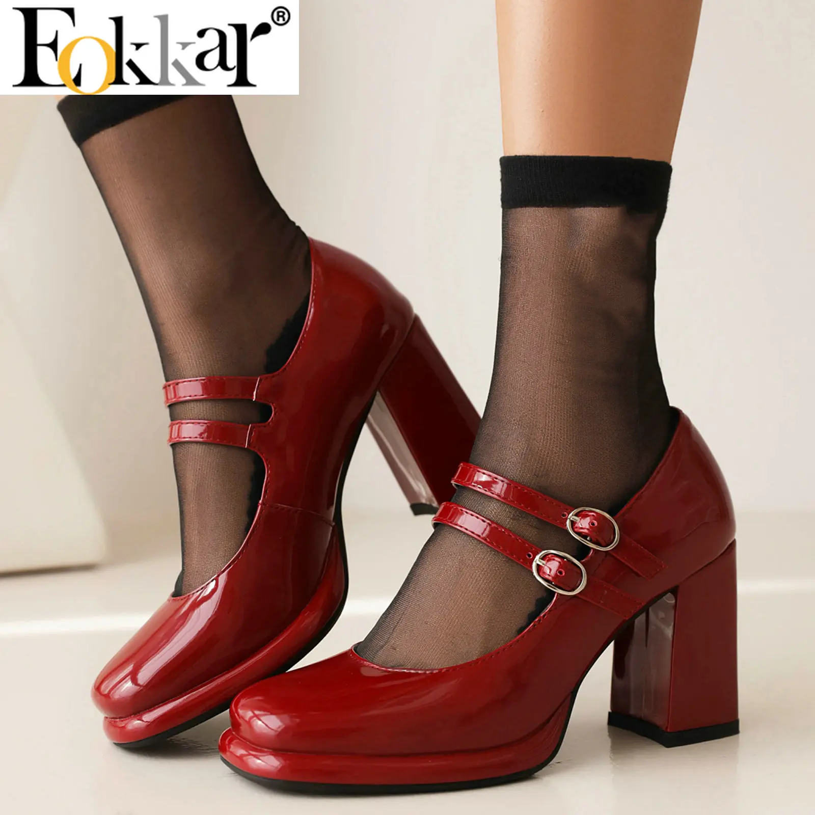 Eokkar Women Square Toe Patent Leather Mary Janes Two Buckle Pumps Platform Chunky Heel Vintage Dress Shoes White Block Pumps