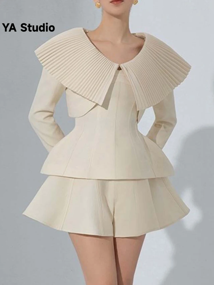 

[YA Studio] Designer And Winter New Pleated Cape Jacket With Tank Top, Pants Shorts Set 2023 Summer Autumn Fashion