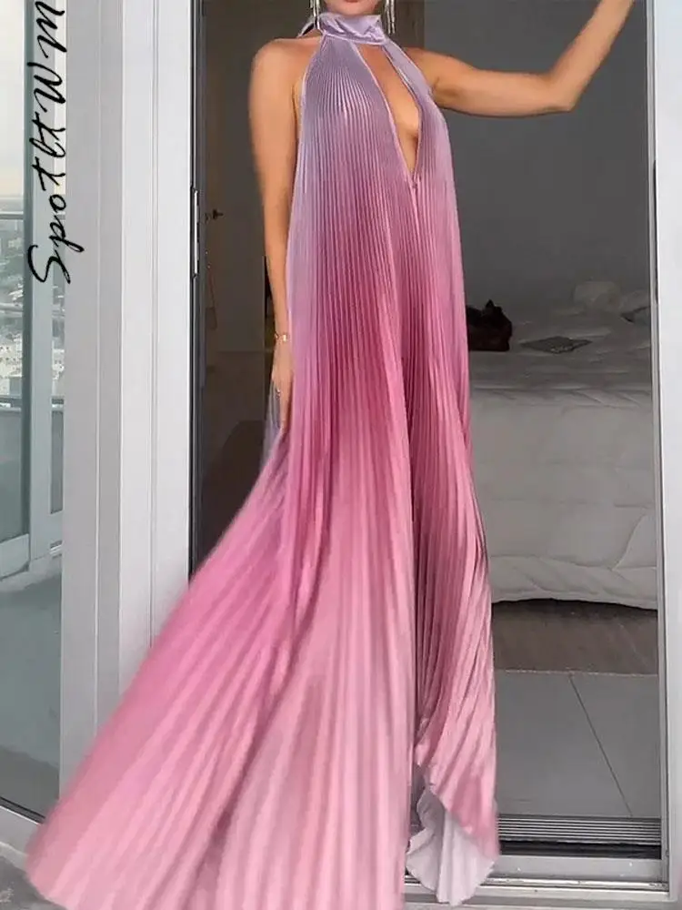 

Fashion Gradient Pleated Backless Long Dress For Women Sexy V Neck Sleeveless Backless Lace Up Dresses Elegant Night Party Robes