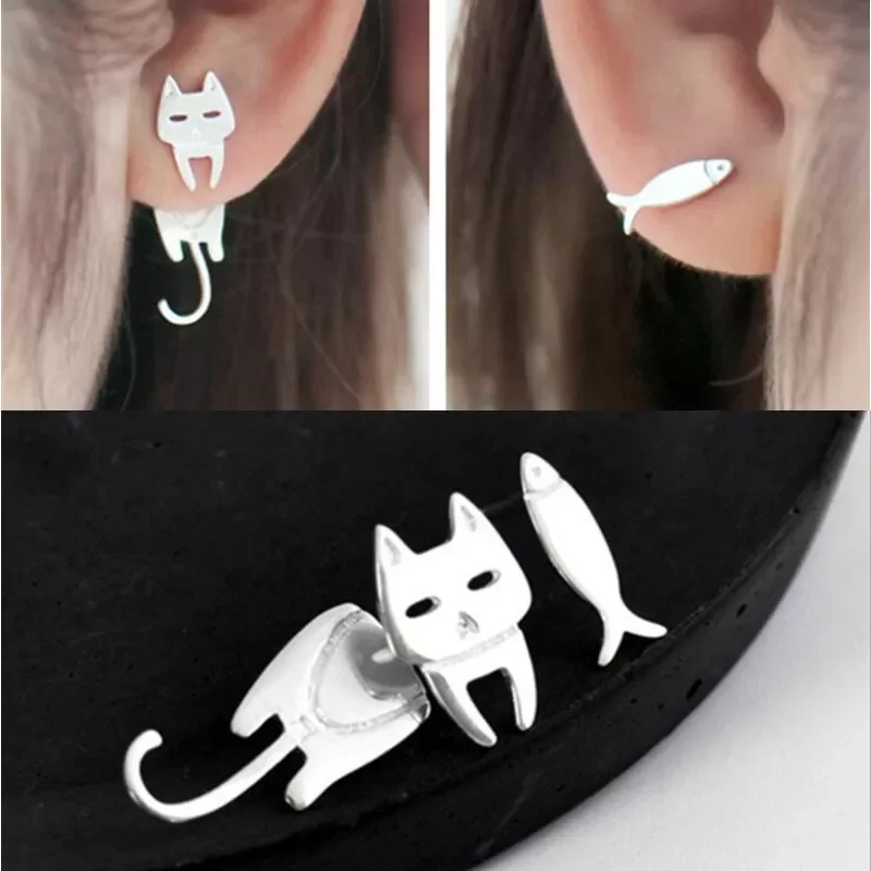 

Cat Fish Paired Stud Earrings For Women Teens Girls Cute Creative Style Asymmetric Animal Statement Earrings Fashion Jewelry