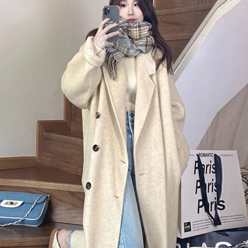 Fashion Single breasted Woolen Coats Women's Clothing Mid-Length 2022 Autumn Winter Black Wool Jackets Female Overcoats bd359