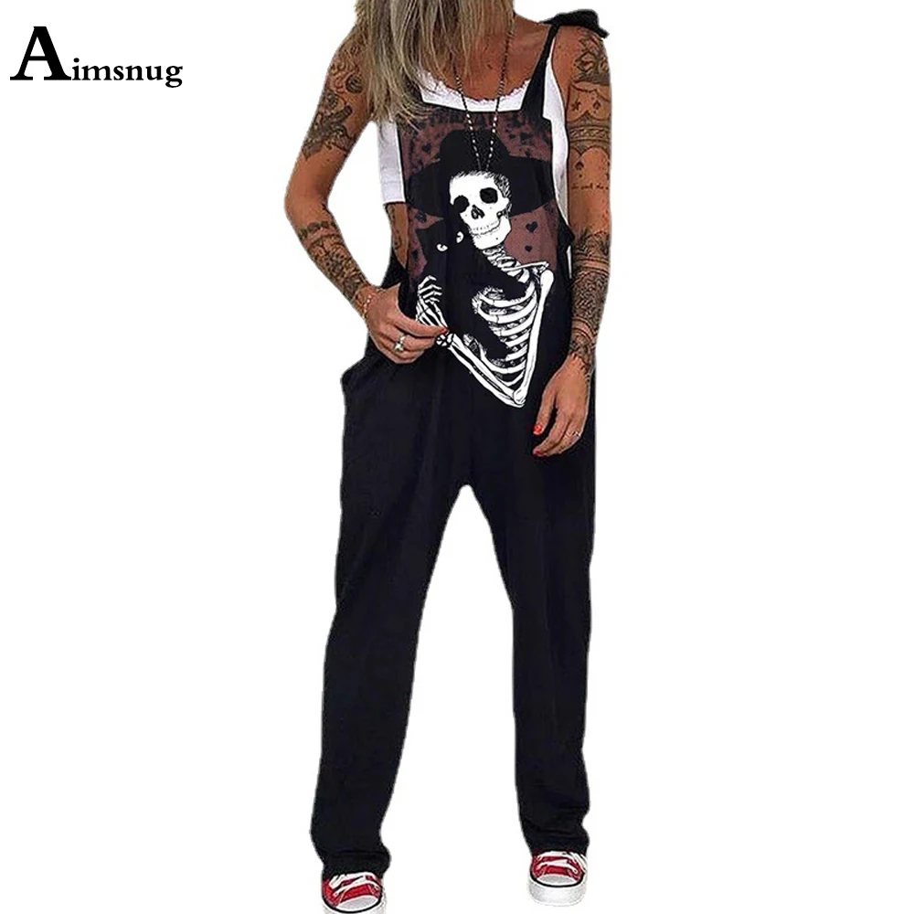 

2022 European Style Fashion Gothic Skull Print Jumpsuits Plus Size 5xl Women Spaghetti Strap Trouser Sexy Pocket Design Overalls