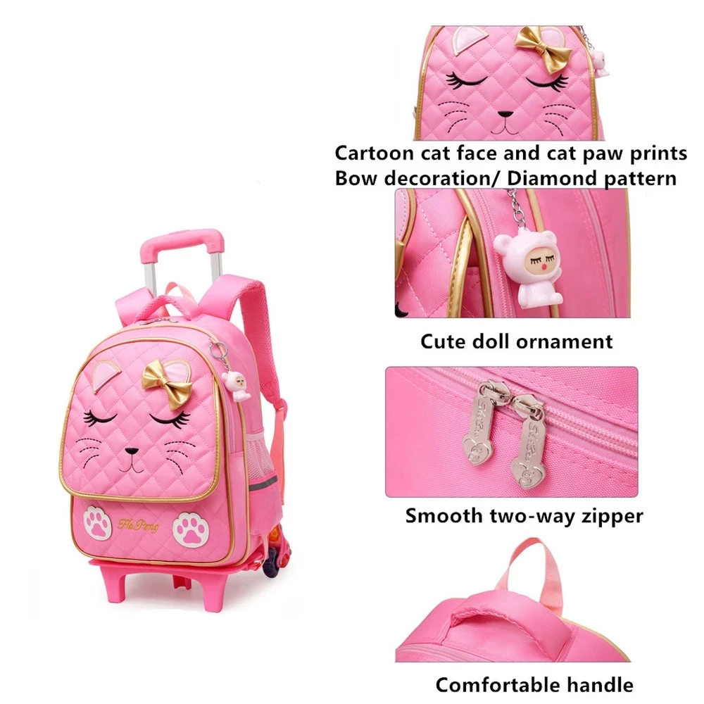 Trolley School Bags for Girls Cute Cat Children Backpack with 2/6Wheel Waterproof Primary Backpacks Kids Girl Rolling Travel Bag