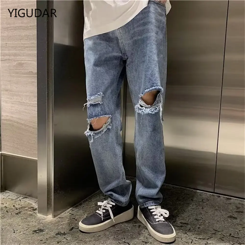 

Women Jeans Hole Ripped Ankle-length High Waist Denim Harajuku Wide Leg Loose Trousers Ins Chic Fashion BF Vintage Casual New