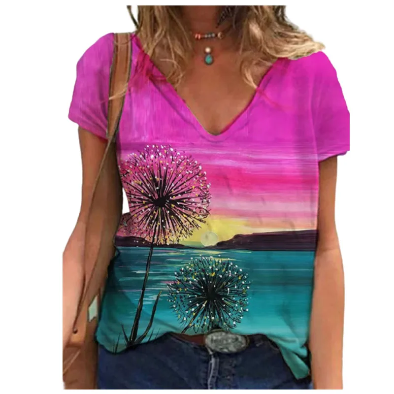 

Natural Scenery Print T-shirt Women Fashion V Neck Short Sleeve Casual Loose Top Plus Size Women Clothes
