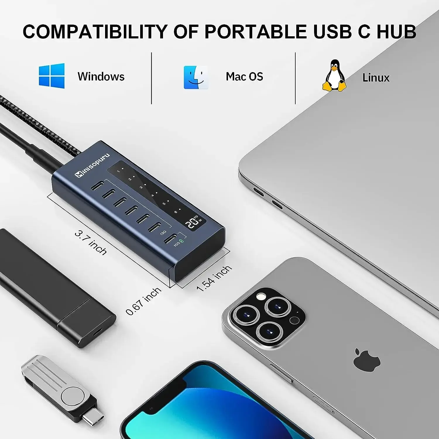 Minisopuru USB Type-C Hub с функцией 7 в 1 быстрая зарядка передача данных 10 Гбит/с для MacBook Pro