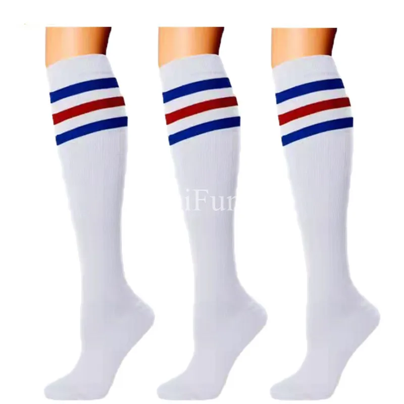 

3 Pairs/ lot Compression Socks Black White Stripe Football Soccer Stocking Compression Socks Knee High Sport Socks Free Shipping