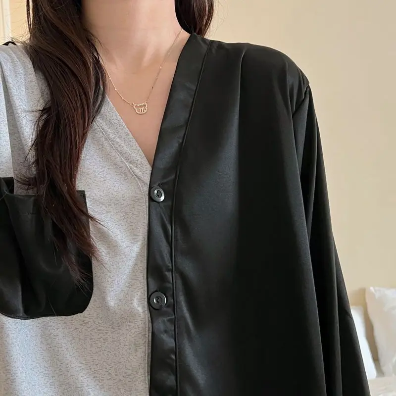 Yasuk Spring Autumn Fashion Women's Casual Soft Milk Silk Sleepwear Homewear Pajamas Set With Pants Splicing Colors Simple Girl