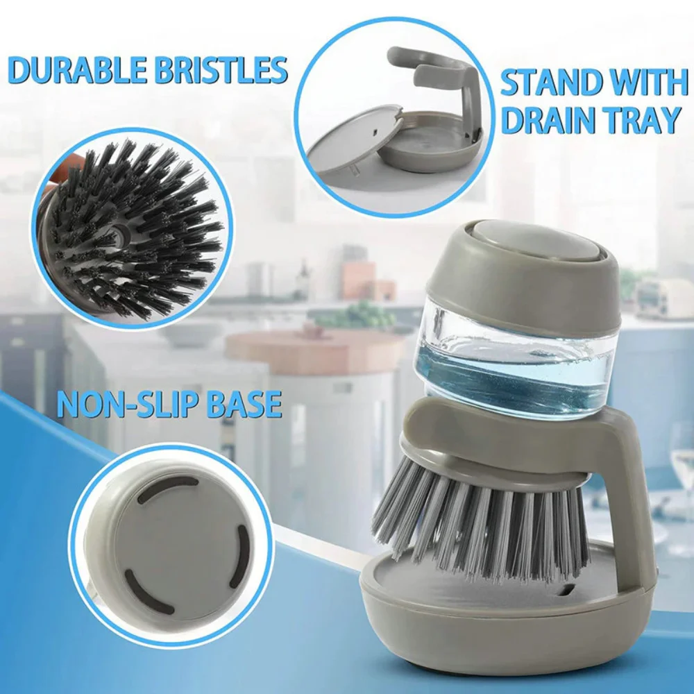 

Dish Brush with Soap Dispenser Palm Brush Dish Washing Kitchen Scrub Brushes with Holder Drip Tray Cleaning Products