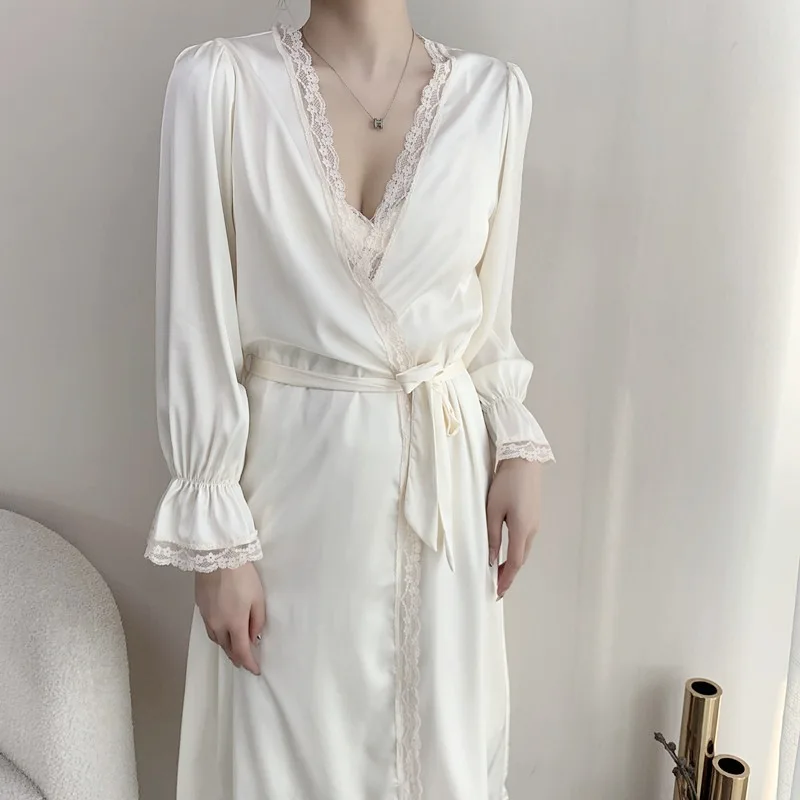 2PCS Bride Wedding Robe Set Women Lace Trim Rayon Kimono Bathrobe Gown Sexy Bridesmaid Sleepwear Casual Home Clothes Nightwear