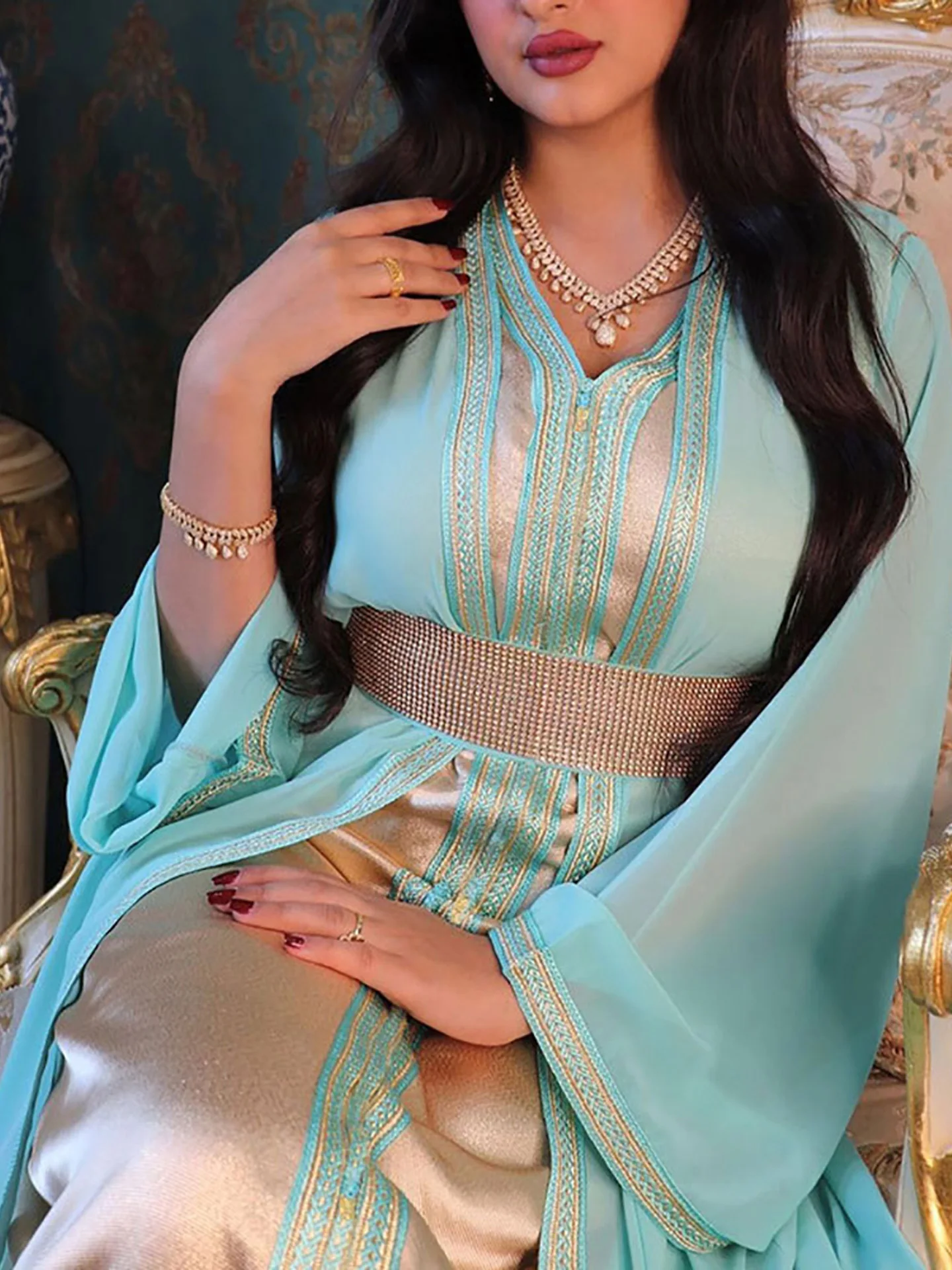 Diamonds Moroccan Takchita Kaftan Chiffon Overdress Satin Inner Dress Arabic Party Wear Wedding Ball Gown Muslim Ramadan Abaya