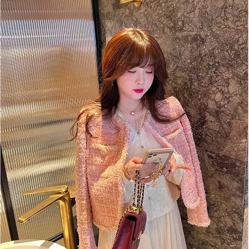 

Chic Elegant Tweed Jacket Woman Fall Spring Single-Breasted Powder Fragrance New Apricot Full Sleeve Business Jacket OL