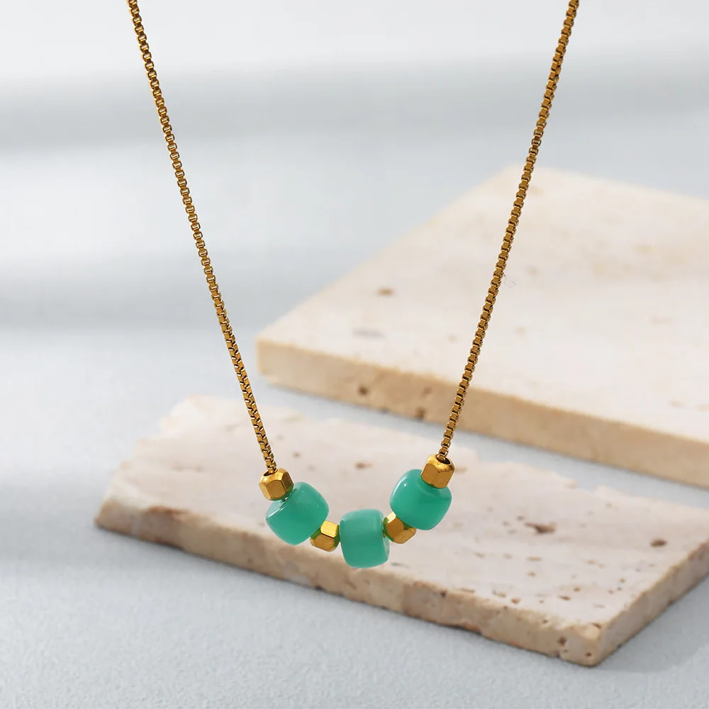 

Minar Classic Green Color Natural Stone Beads Pendant Necklace for Women 18K Gold PVD Plated Stainless Steel Necklaces Jewelry