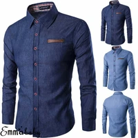 mens fashion denim dress shirt solid color long sleeve slim fit button down casual top male luxury formal shirts