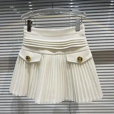 Preppy Style White Pleated A Line Dance Mini Skirts Women 2022 New Spring Autumn High Waist Pocket Stitching Puffy Short Skirt