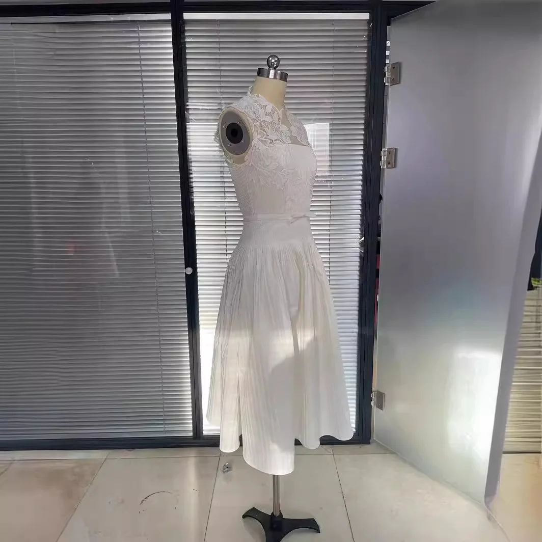 Белое Кружевное лоскутное платье с цветочным рисунком приталенное для женщин