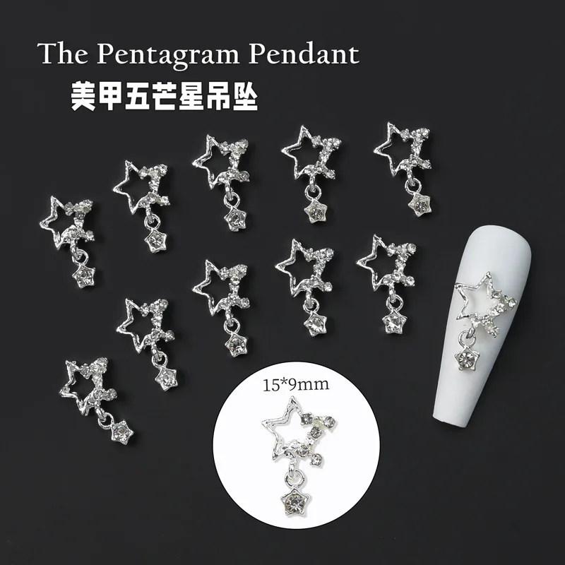 

10PC Diamond Cutout Nail with Five-pointed Star Decoration Super Flash Diamond Pentagram Pendant Metal Diamond Manicure Jewelry