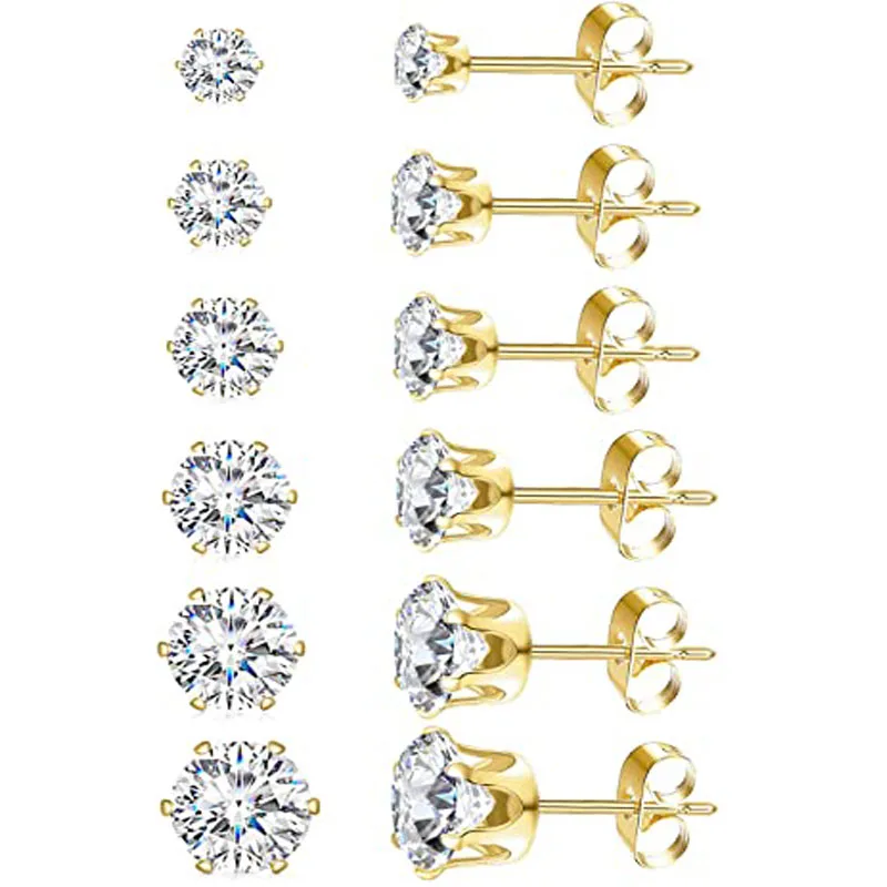 

6 Pairs Gold Plated Stud Earrings For Women Men Hypoallergenic Cubic Zirconia Stainless Steel Stud Earrings 3-8MM
