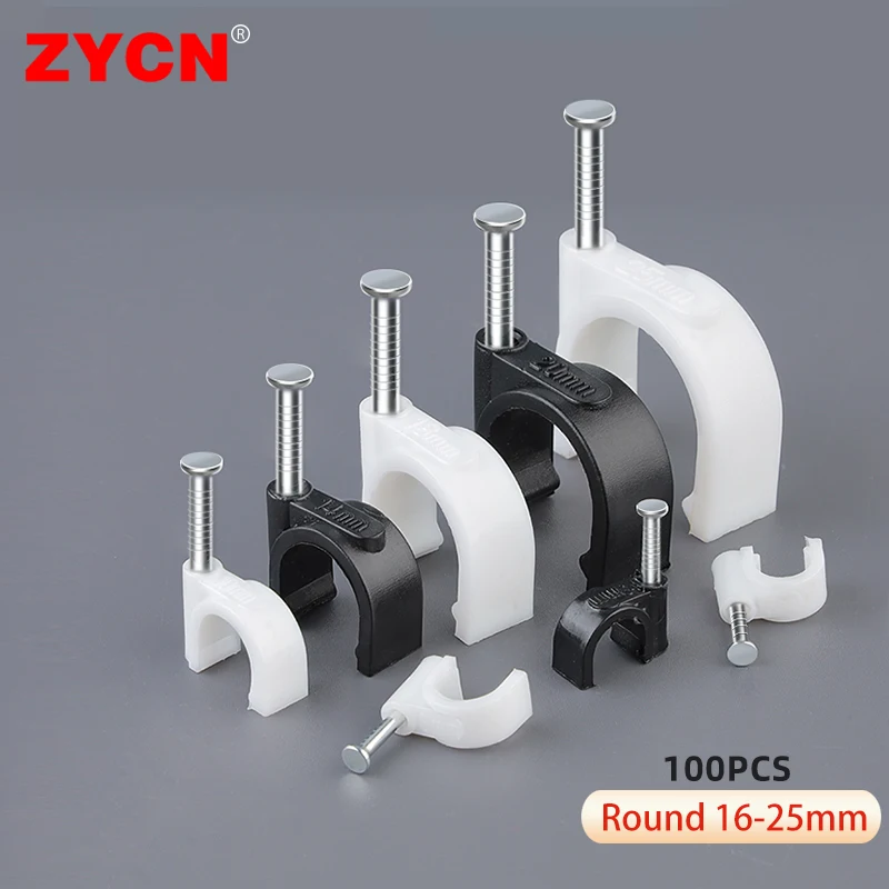 

100PCS Plastic Round Cable Wire Clips 16/18/20/22/25mm Management Electrical Cord Tie Holder Circle Climb Wall Nail Carbon Steel