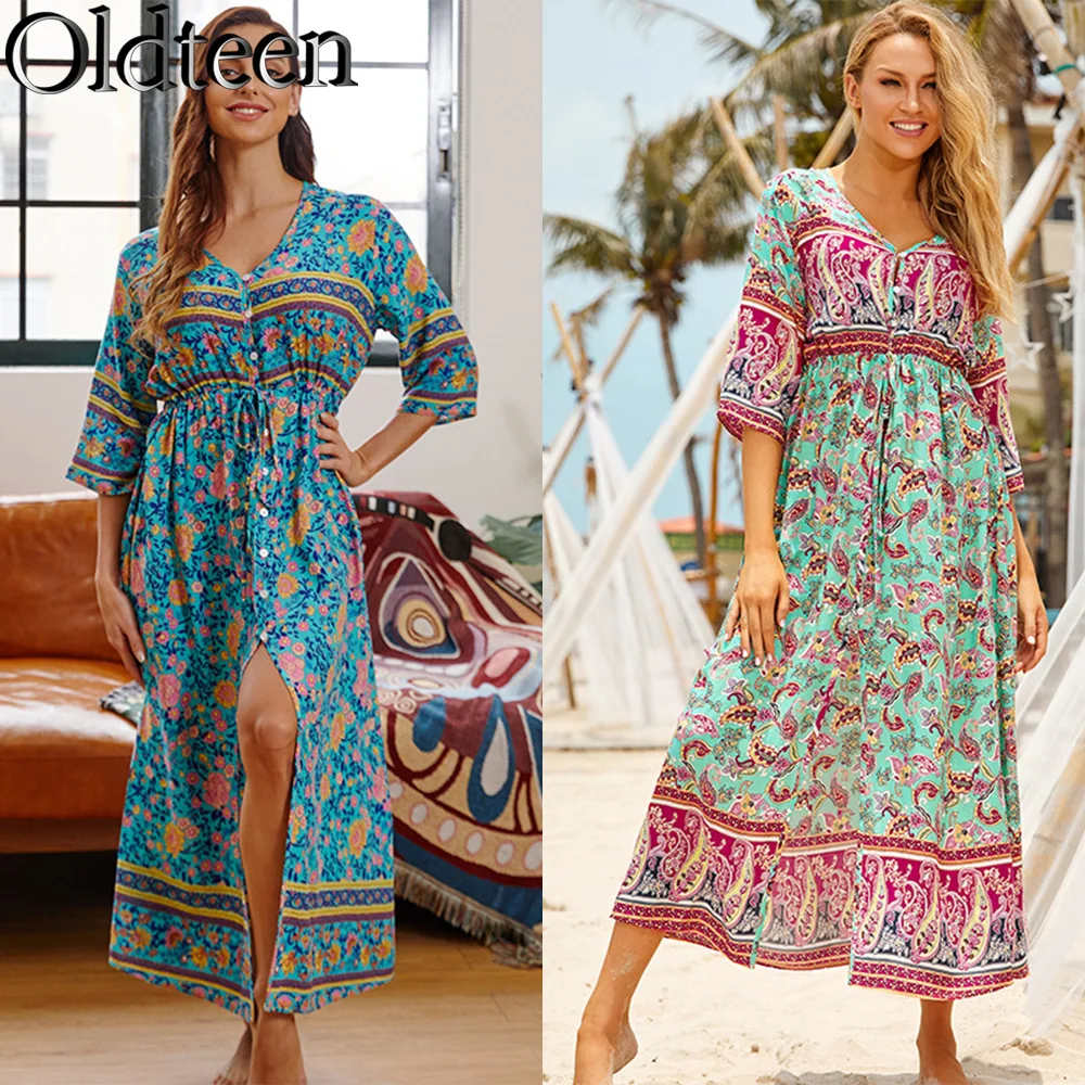 

New Cotton Positioning Printed Button Drawstring Cardigan Beach Sun Protection Skirt Outdoor Casual Bohemian Swimsuit Cover Up