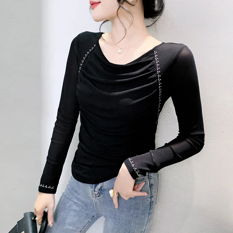 # 7478 Черная синяя сетчатая футболка женская с длинным рукавом и бриллиантами