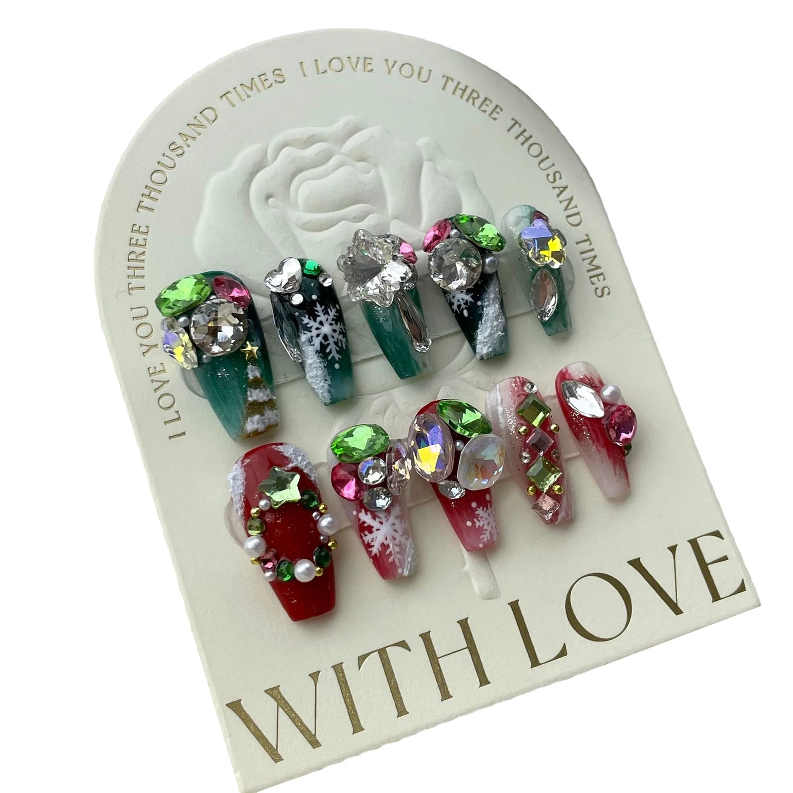 

Christmas Green&Red Handmade Long Fake Nails with Harmless and Smooth Edge Nails for Women and Girl Nail Salon