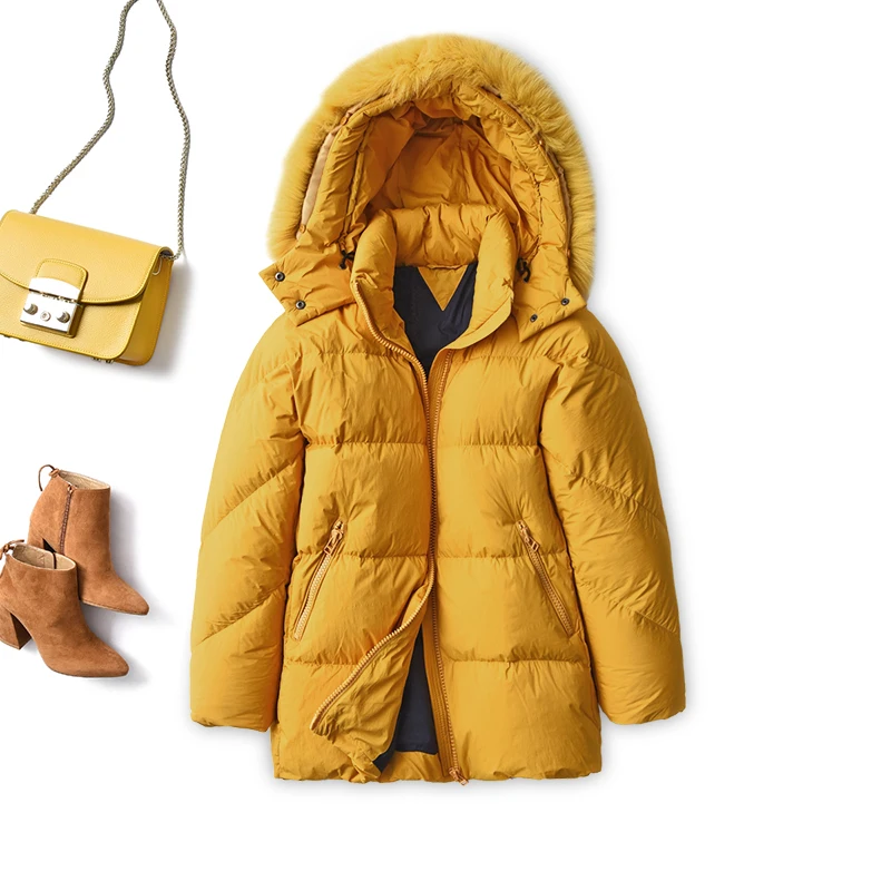 

Теплая Женская куртка из 90% белого гусиного пуха 200 г-250 г на молнии с капюшоном и воротником из лисьего меха женские зимние куртки с широкой т...