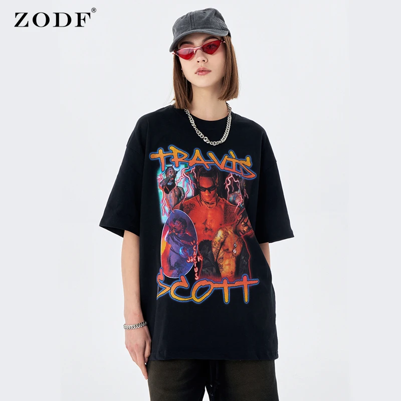 

ZODF 2022 Men Summer Hip Hop 230gsm Cotton T-Shirts Streetwears Unisex Male Scott Oversized Tees Shirt Brand Tops HY0148