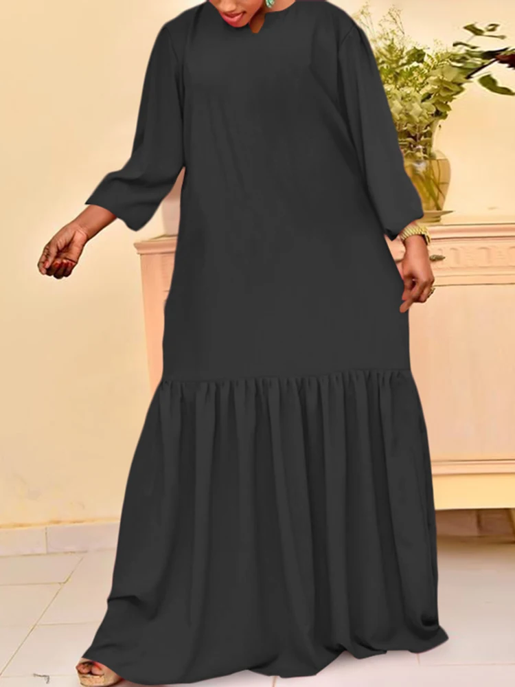 

VONDA 2022 Casual Loose Long Sleeve Sundress Summer Fashion Pleated Long Maxi Dress V Neck Party Vestidos Women Plain Sexy Robe