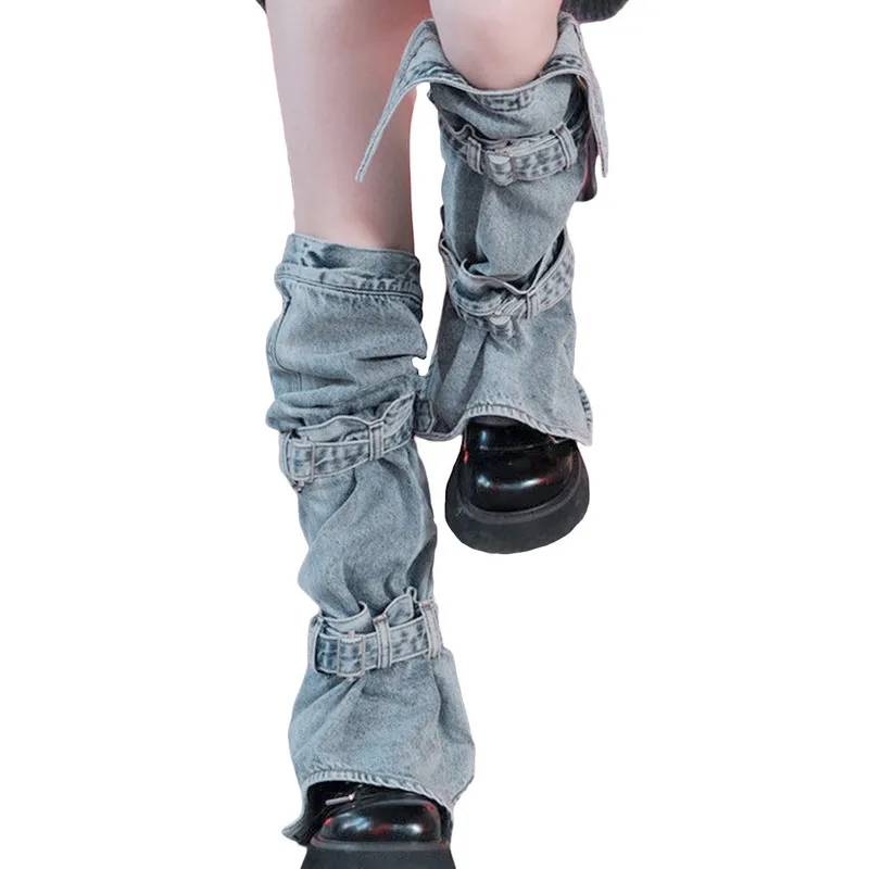 Socks for Women Fall Winter Leg Warmers Knee Length Lolita Harajuku y2k Buckled Denim Leggings Stylish Jean Foot Socks for Lady