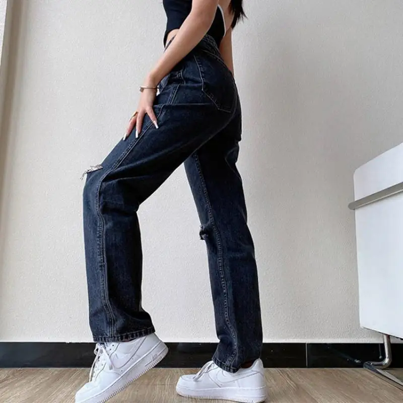 Dark Blue Female Mid Waist Mom Ripped Jeans 2021 New Women Jeans Y2K Casual Straight Trousers Washed Bleached Hole Denim Pants