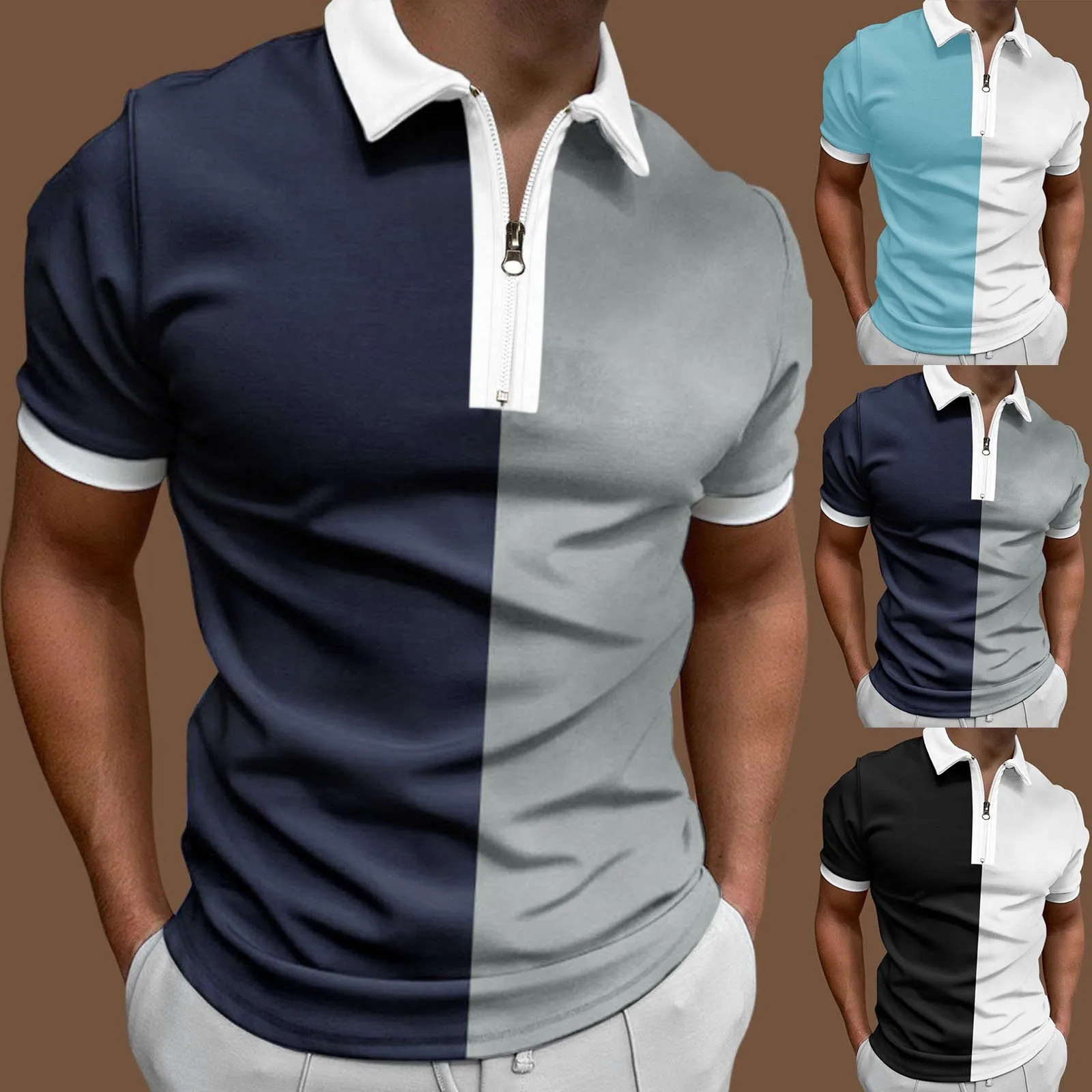 

Рубашка мужская с отложным воротником, Повседневная Блузка на молнии, топ с коротким рукавом, деловая уличная одежда
