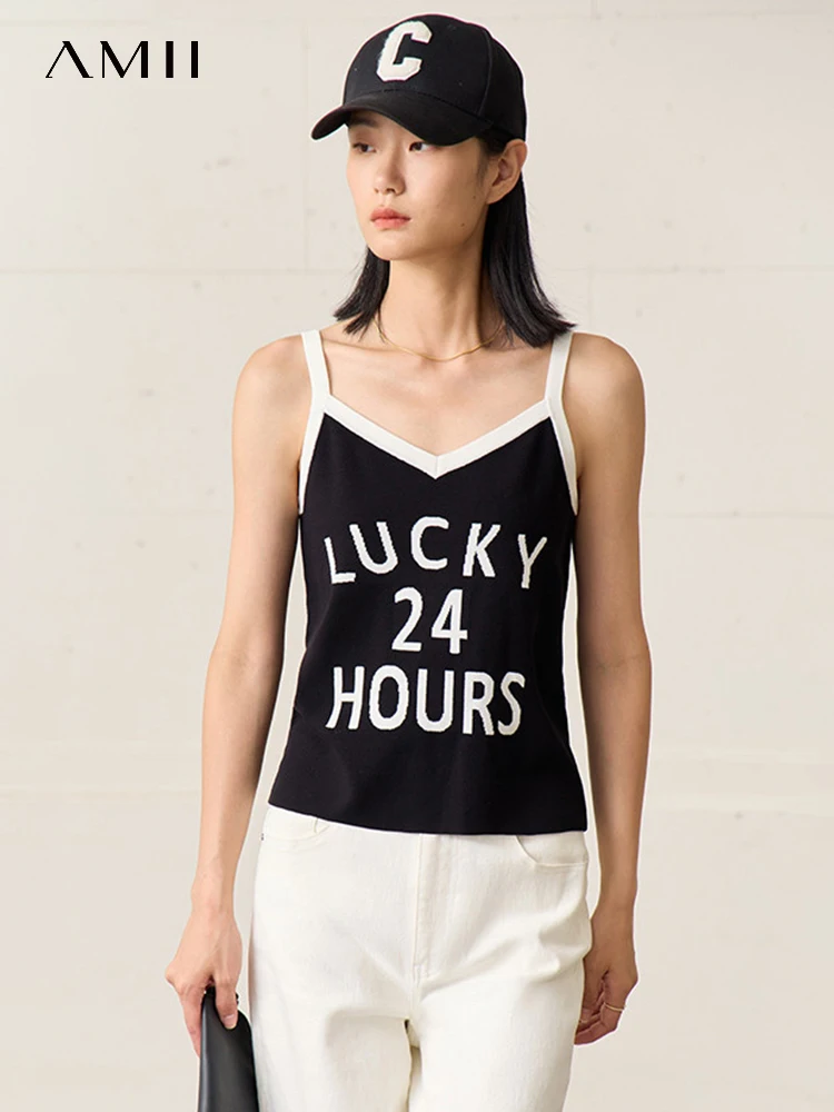 

AMII Minimalism Fashion Contrasting Colors Camisole&Vest 2023 Summer New Knitted Letter Embroidery Straight Top Women 12342520