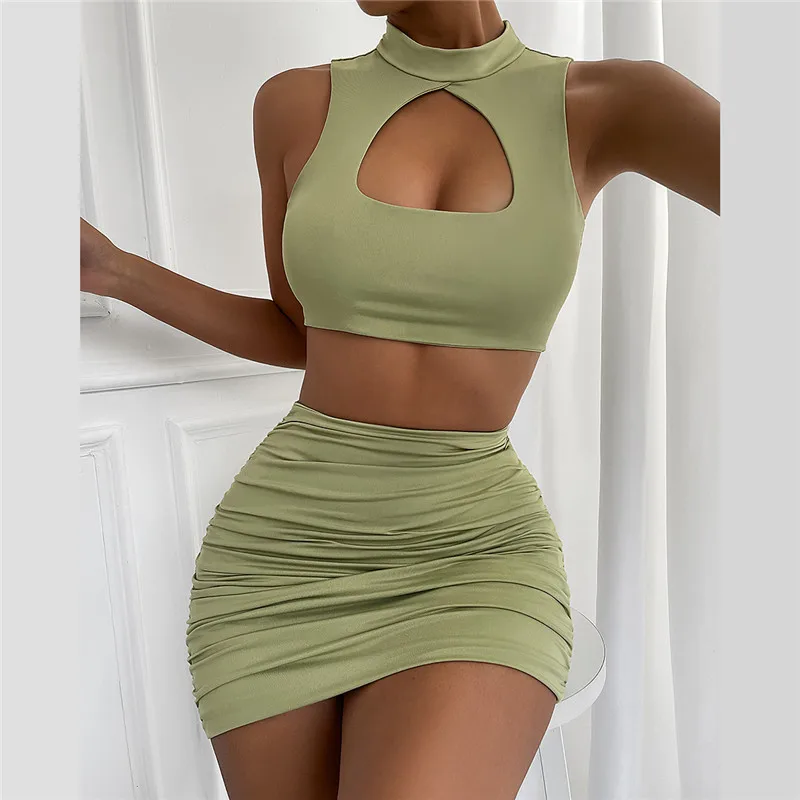 

Summer Mini Skirt Two Piece Set Women Sexy Going Out Outfits For Lady Cut Out Sleeveless Crop Top Folds Dress Club XS Clothes