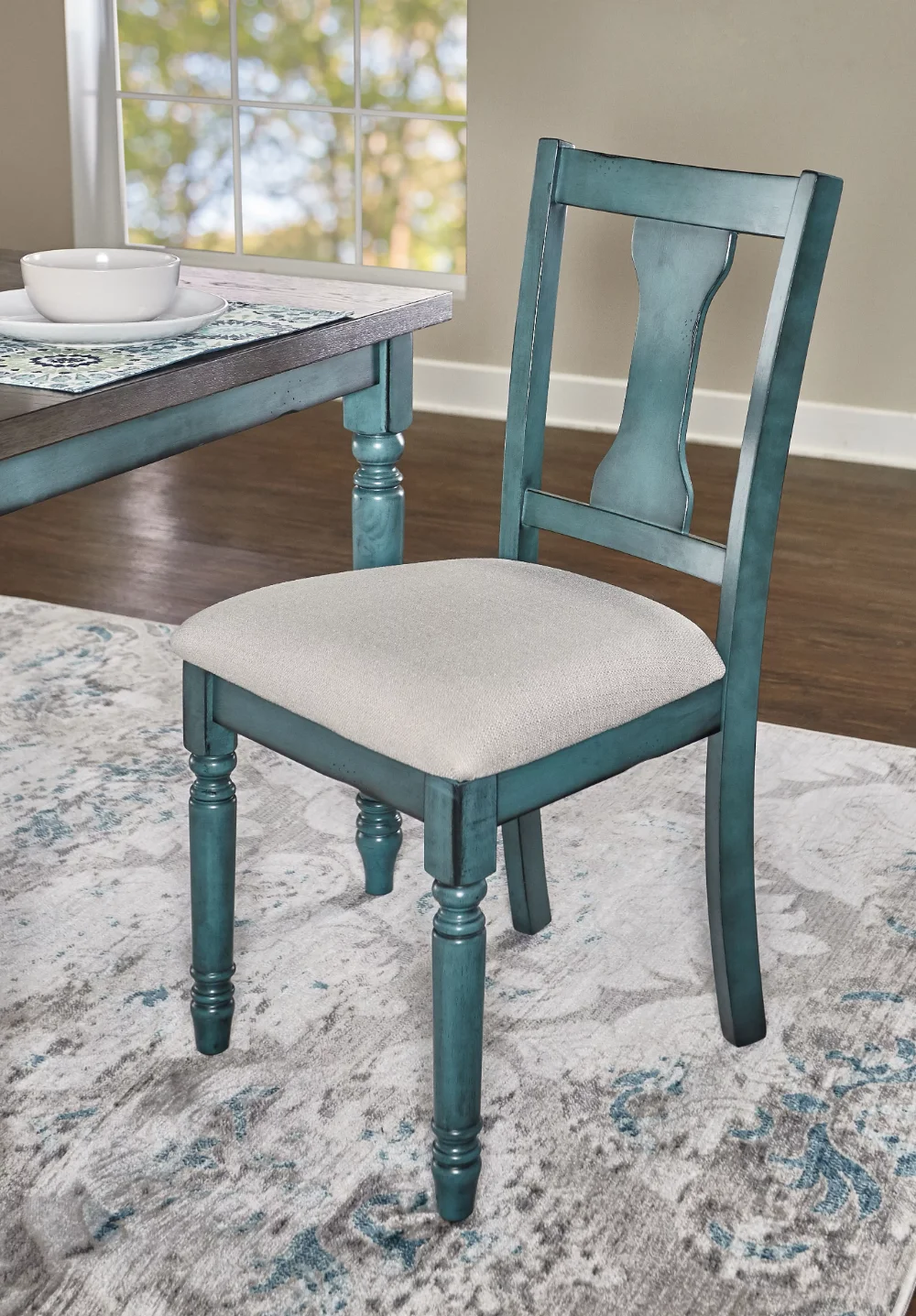 

Willow Farmhouse Dining Chair, Set of 2, Distressed Teal Blue with Natural Fabric