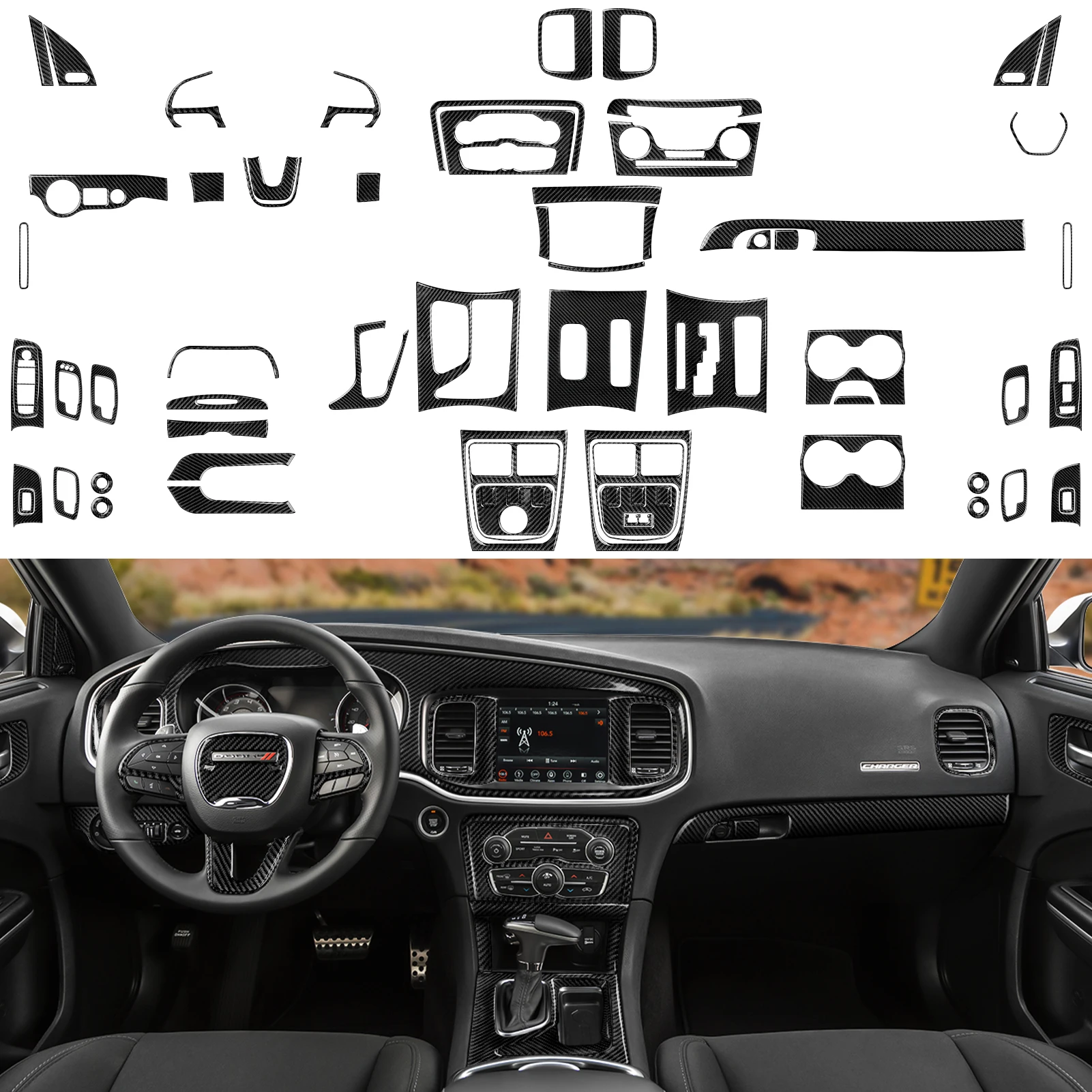 Фото Для Dodge Charger (2011-2023) Автомобильная центральная консоль, панель переключения передач, мягкая внутренняя наклейка из углеродного волокна, комплект аксессуаров №1
