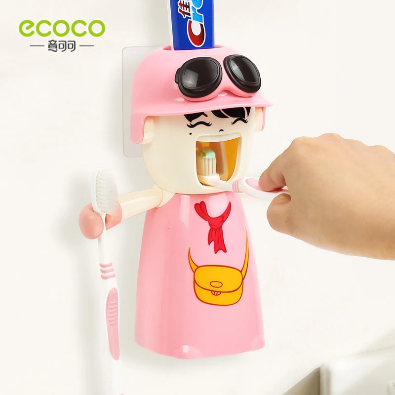 

ECOCO Wall Mount Automatic Cartoon Toothpaste Dispenser for Girl Kids Bathroom Accessories Set Toothbrush Holder Wall Mount Rack