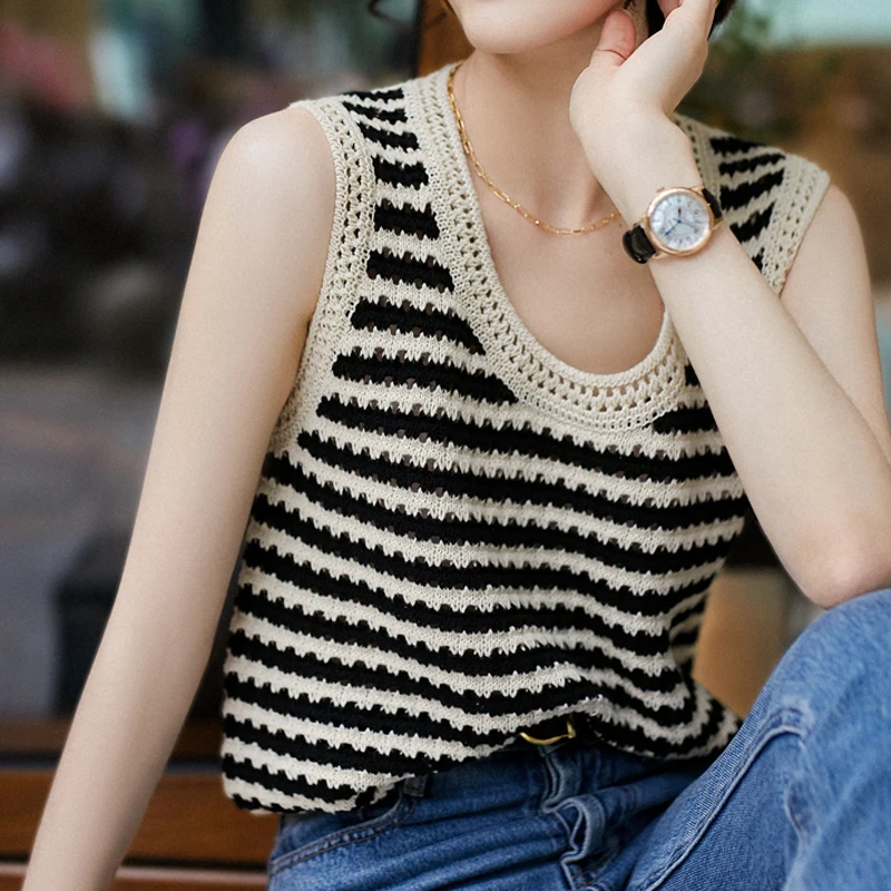 

2022 Summer Striped Tank Tops Women Elegant Casual Loose Sleeveless Tops Blouses Fashion Hollow Out Knitted Vest Blusas 22402