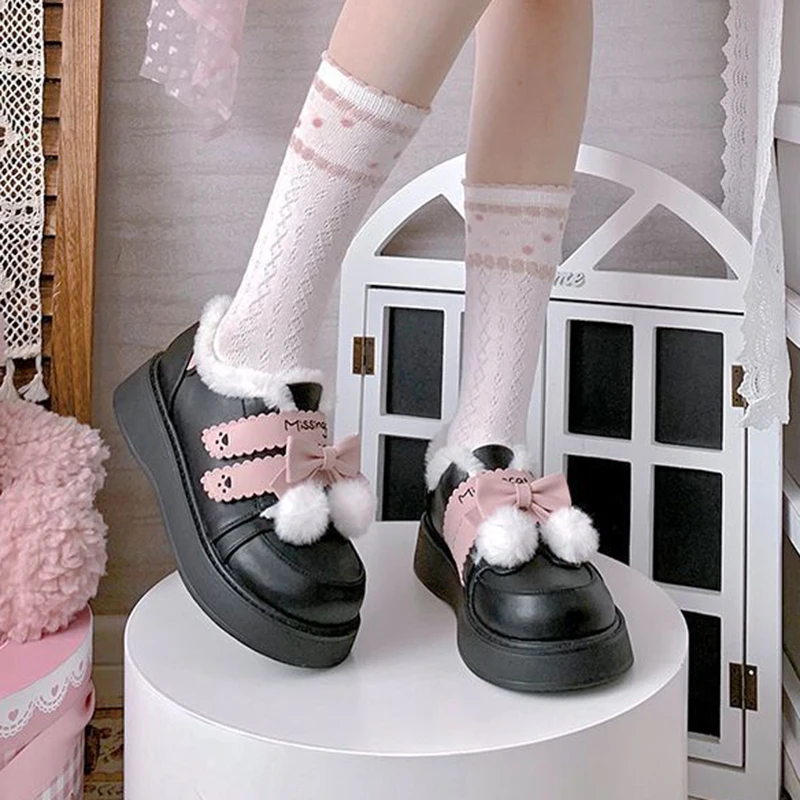 

Japanese Plus Velvet Winter Lolita Shoes Women Sweet White Fur Ball Platform Shoes Woman Cosplay Thick Bottom Bow Flats Female