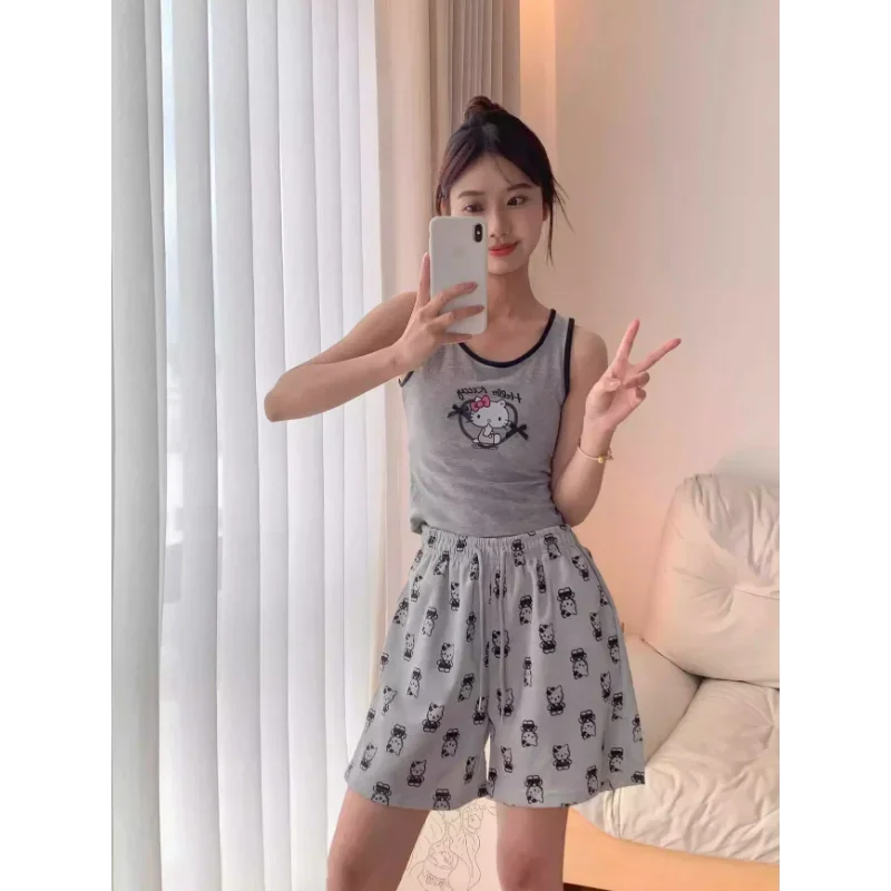 Sanrio Hello Kitty шелковые пижамы женские осенние хлопковые жилеты на подтяжках с